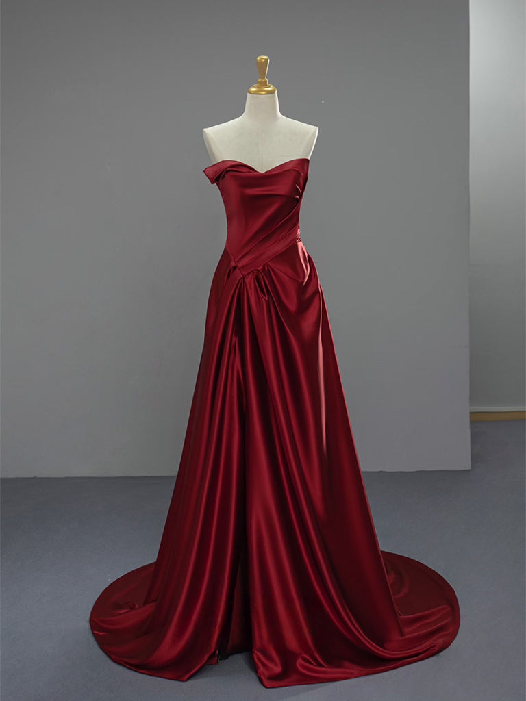 A-Line V Neck Satin Burgundy Long Prom Dress, Burgundy Long Formal Dress