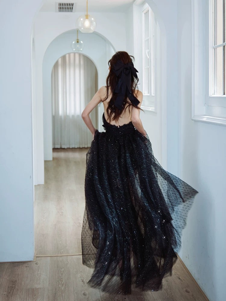 A-Line V Neck Tulle Floor Length Black Prom Dress, Black Party Dress