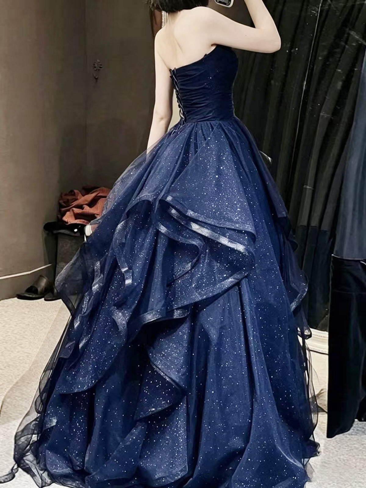A-Line Sweetheart Neck Tulle Long Prom Dress, Dark Blue Long Formal Dress