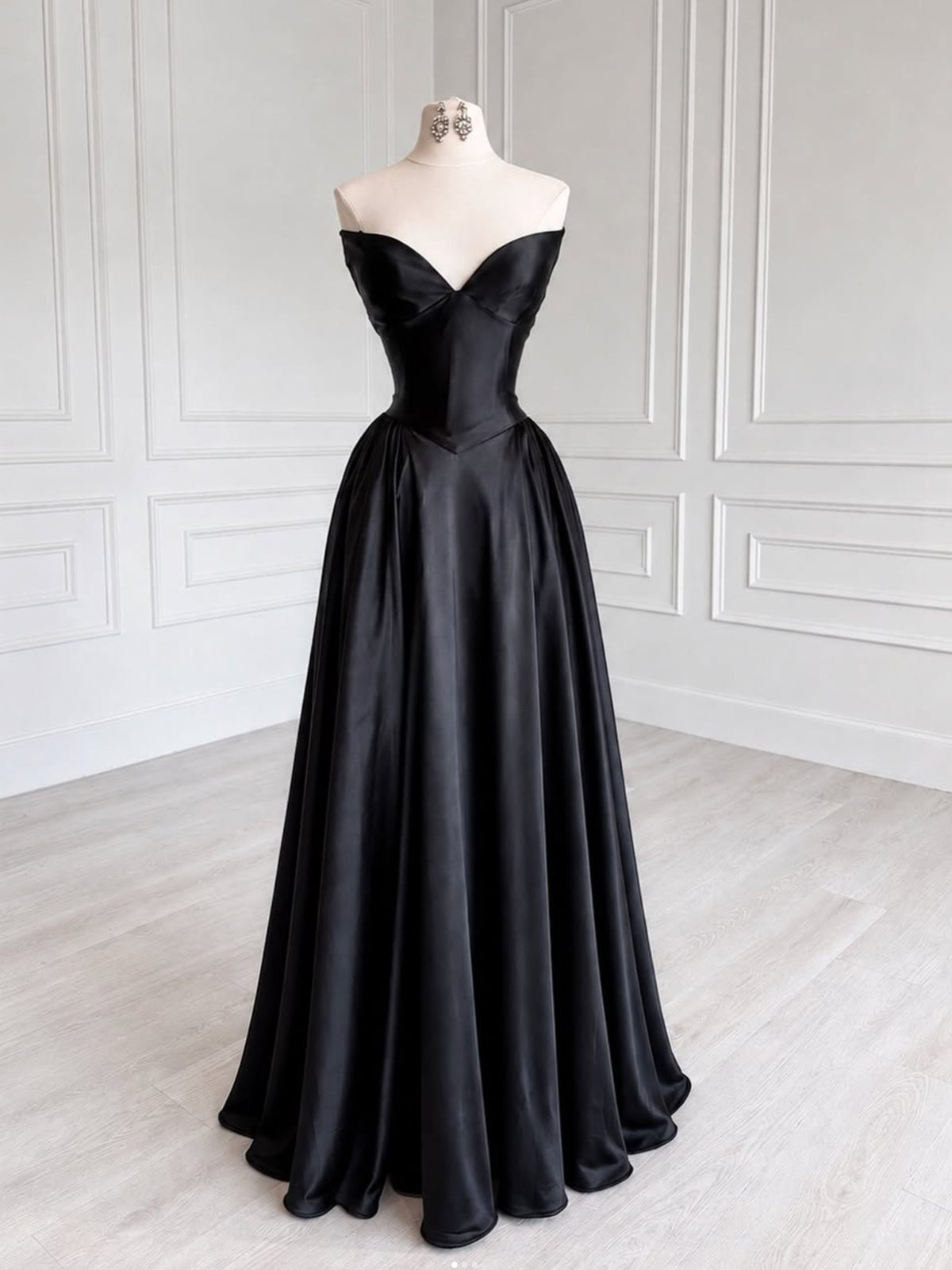 A-line V Neck Floor Length Black Long Prom Dress