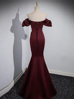 Mermaid off Shoulder Satin Burgundy Long Prom Dress, Burgundy Formal Dress