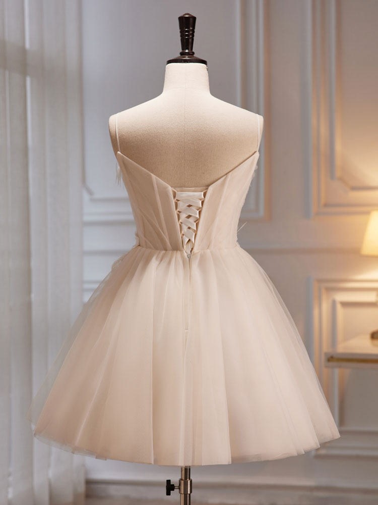 A-Line V Neck Tulle Light Champagne Short Prom Dress, Champagne Homeco