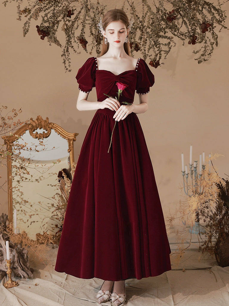 A-Line Velvet Tea Length Burgundy Prom Dress, Burgundy Formal Dress