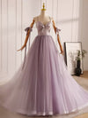 A-Line V Neck Tulle Beads Purple Long Prom Dress, Purple Long Formal Dress
