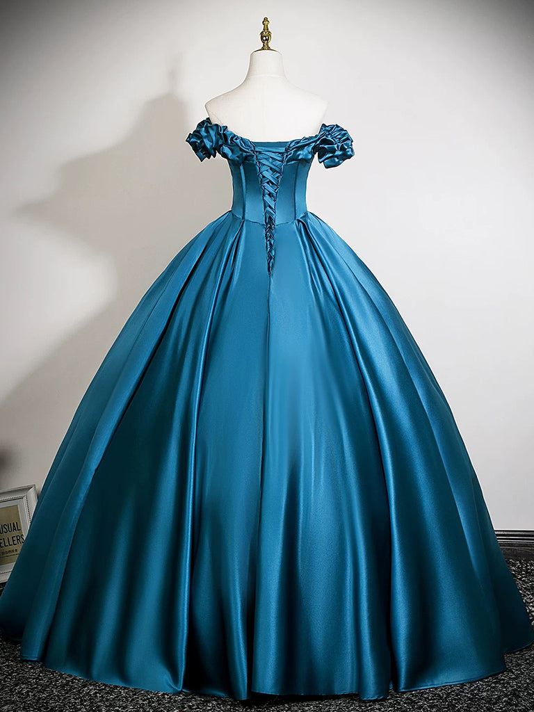 A-Line Sweetheart Neck Off Shoulder Satin Floor Length Blue Long Evening Dress