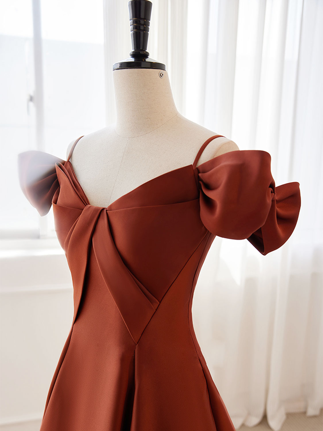 A-Line Satin Orange Long Prom Dresses