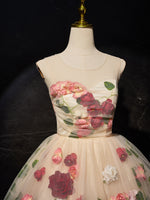 Unique Scoop Neckline Tulle Flower Champagne Short Prom Dress, Cute Formal Dress