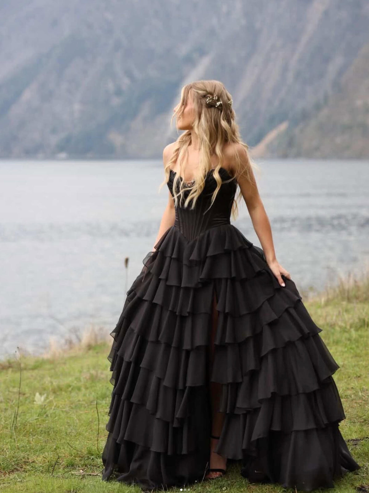 A-line V Neck Chiffon Ruffles Floor Length Prom Dress