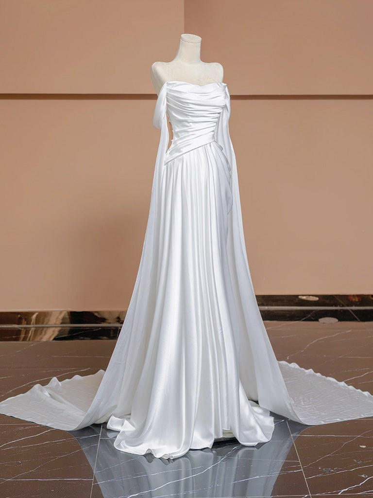 A-Line White Satin Long Prom Dress, White Long Formal Dress