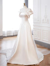 A-Line Off Shoulder Satin ivory Long Prom Dress, ivory Long Formal Dress