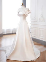 A-Line Off Shoulder Satin ivory Long Prom Dress, ivory Long Formal Dress