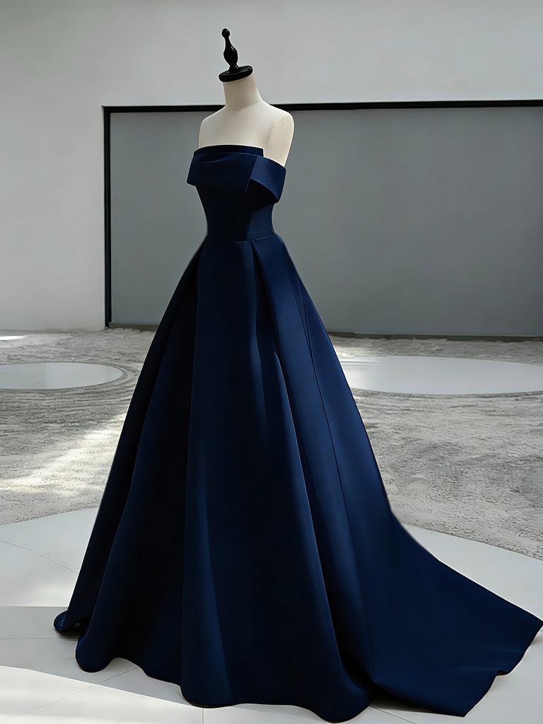 a line sweep train prom dress A-Line Satin Dark Blue Long formal a-line dress