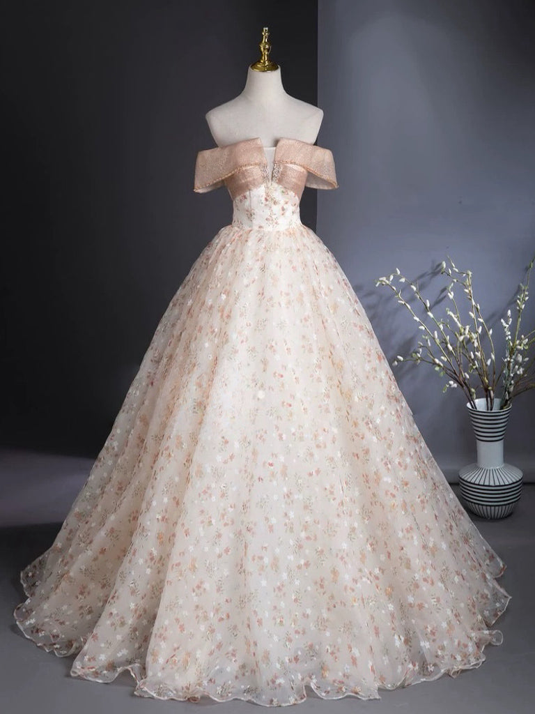 A-Line Off Shoulder Tulle Lace Champagne Long Prom Dress