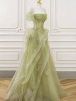 A-Line Off Shoulder Tulle Lace Green Long Prom Dress, Green Lace Long Formal Dress
