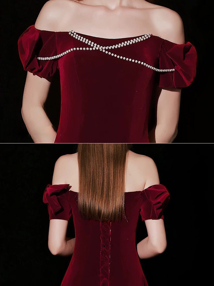 Simple A-Line Velvet Floor Length Burgundy Prom Dress with Beads