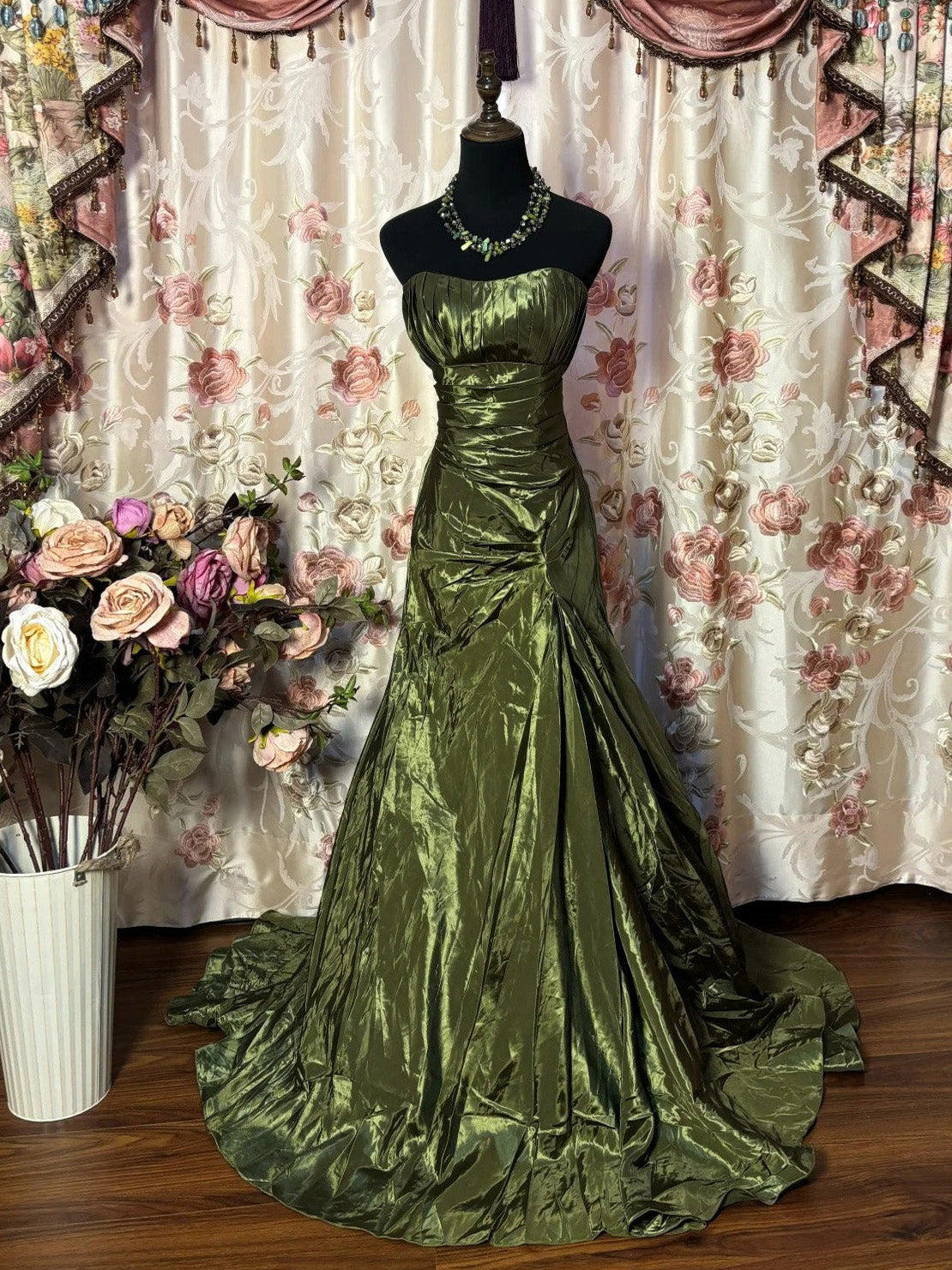 A-Line Sweep Train Taffeta Green Long Prom Dress, Green Party Dress