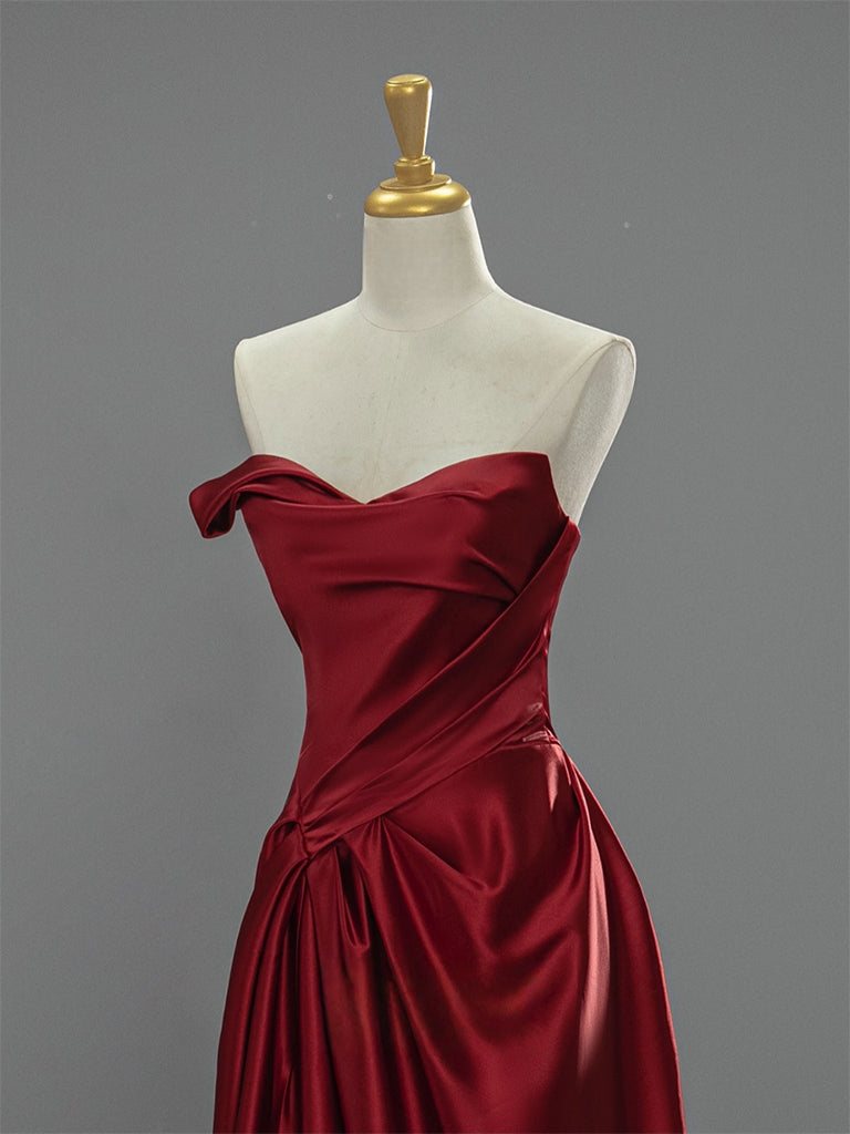 A-Line V Neck Satin Burgundy Long Prom Dress, Burgundy Long Formal Dress