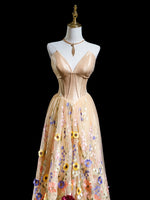 A-Line V Neck Tulle Lace Champagne Long Prom Dress, Champagne Formal Dress