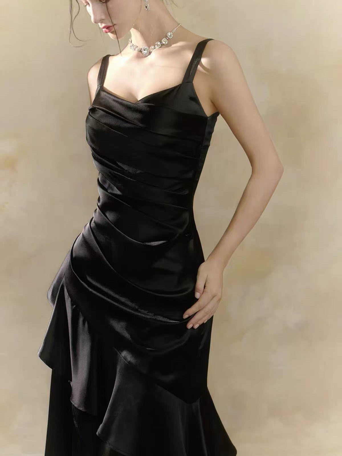 Simple Mermaid Satin Tea Length Black Prom Dress, Black Evening Dress