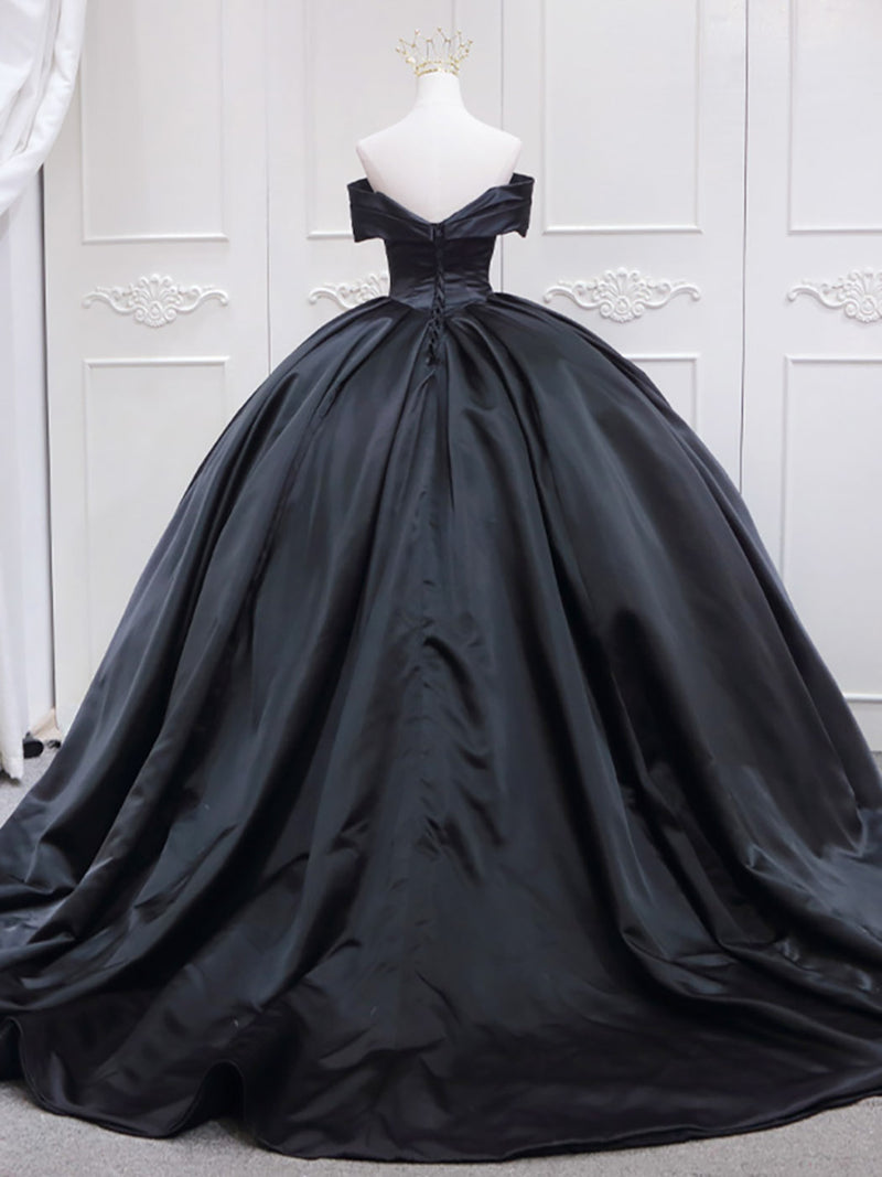 Black Sweetheart Neck Satin Long Prom Gown, Black Sweet 16 Dress