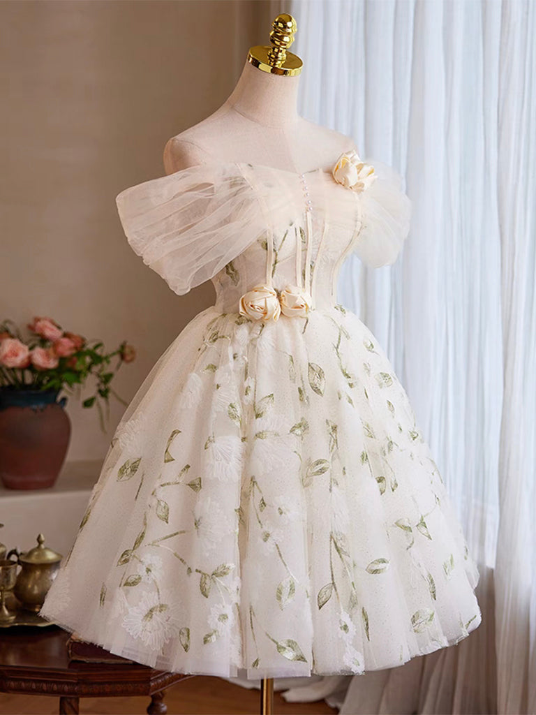 A-Line Tulle Off Shoulder Lace Light Champagne Short Prom Dress, Cute Homecoming Dress