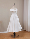 A-line Off Shoulder Tea Length White Prom Dress, White Formal Dress