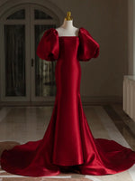 Burgundy Puff Sleeves Satin Burgundy Long Prom Dress, Burgundy Long Evening Dress