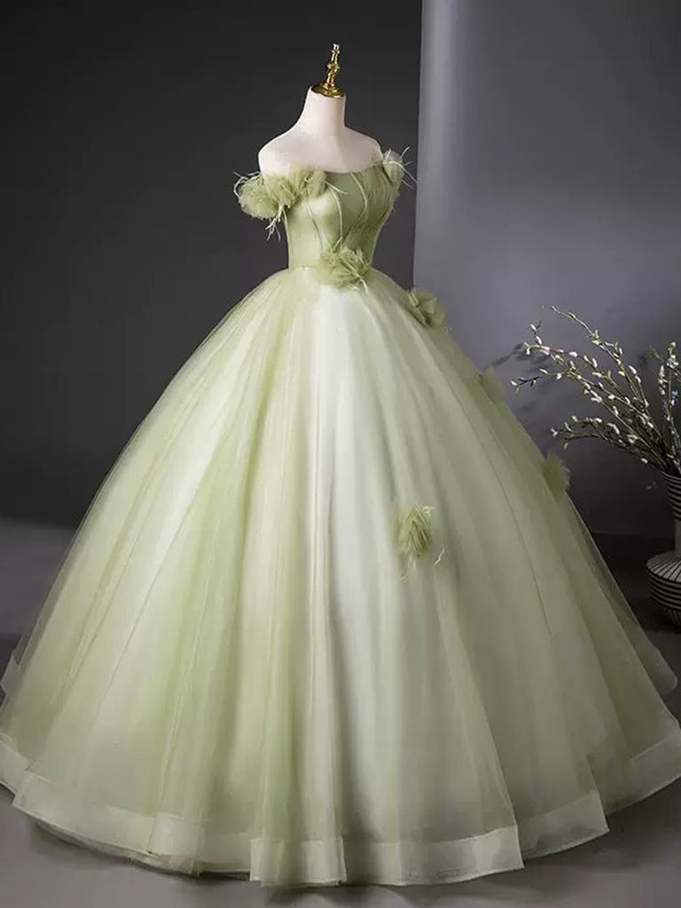 A-Line Off Shoulder Tulle Green Long Prom Dress, Green Long Evening Dress