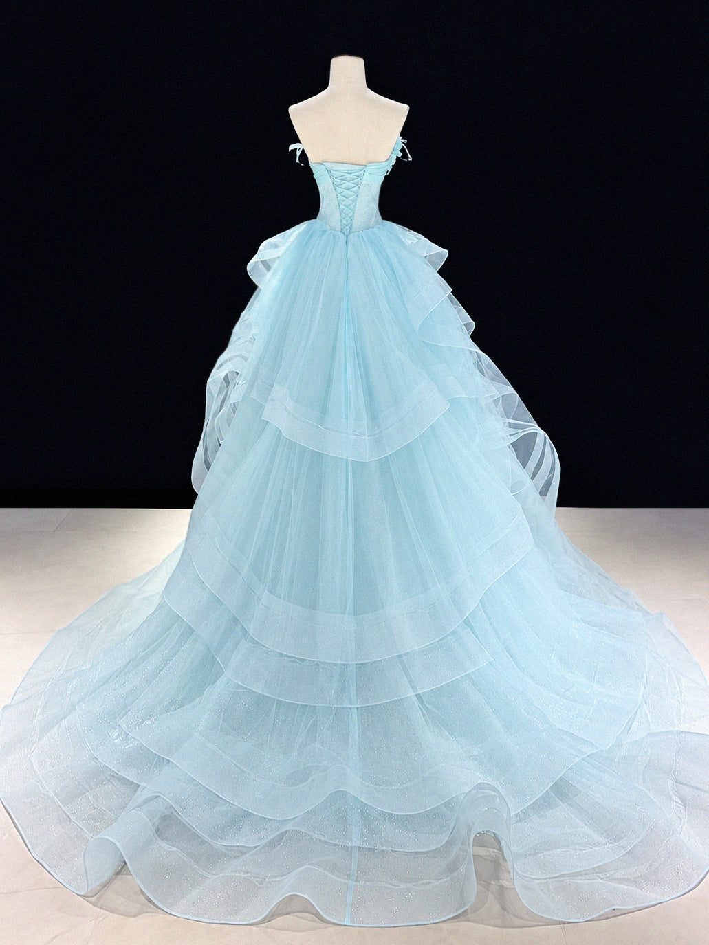 Blue Strapless Ruffle Tiered Tulle Long Prom Dress with Glitter Details