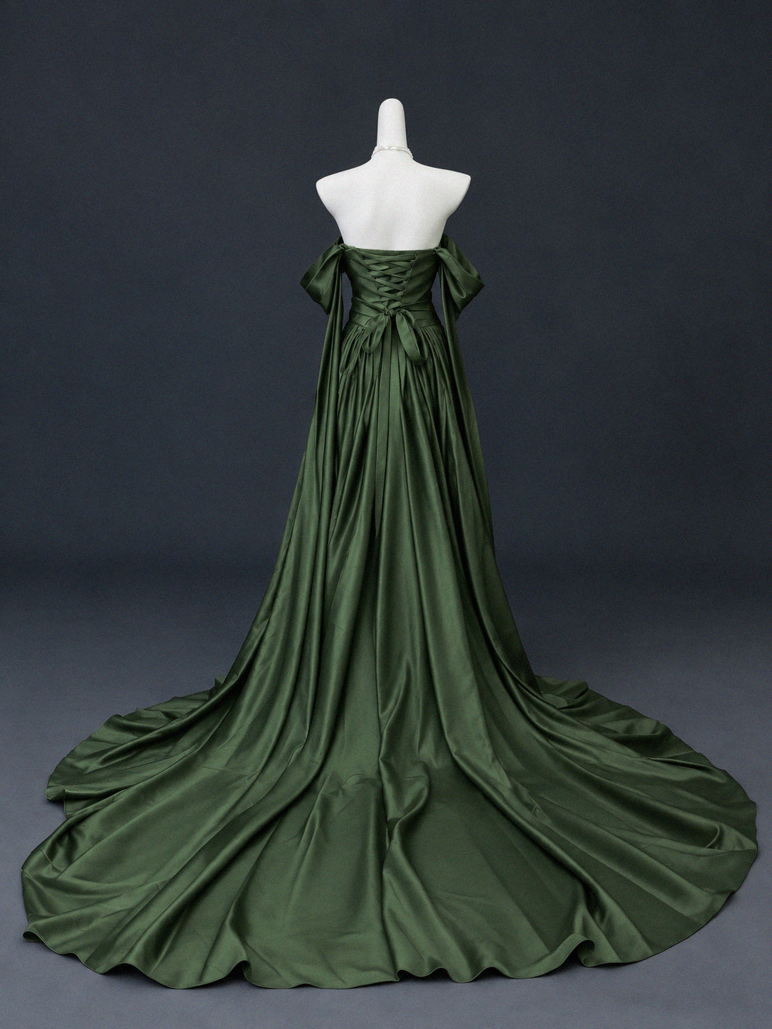 A-Line Off Shoulder Sweep Train Satin Green Long Prom Dress