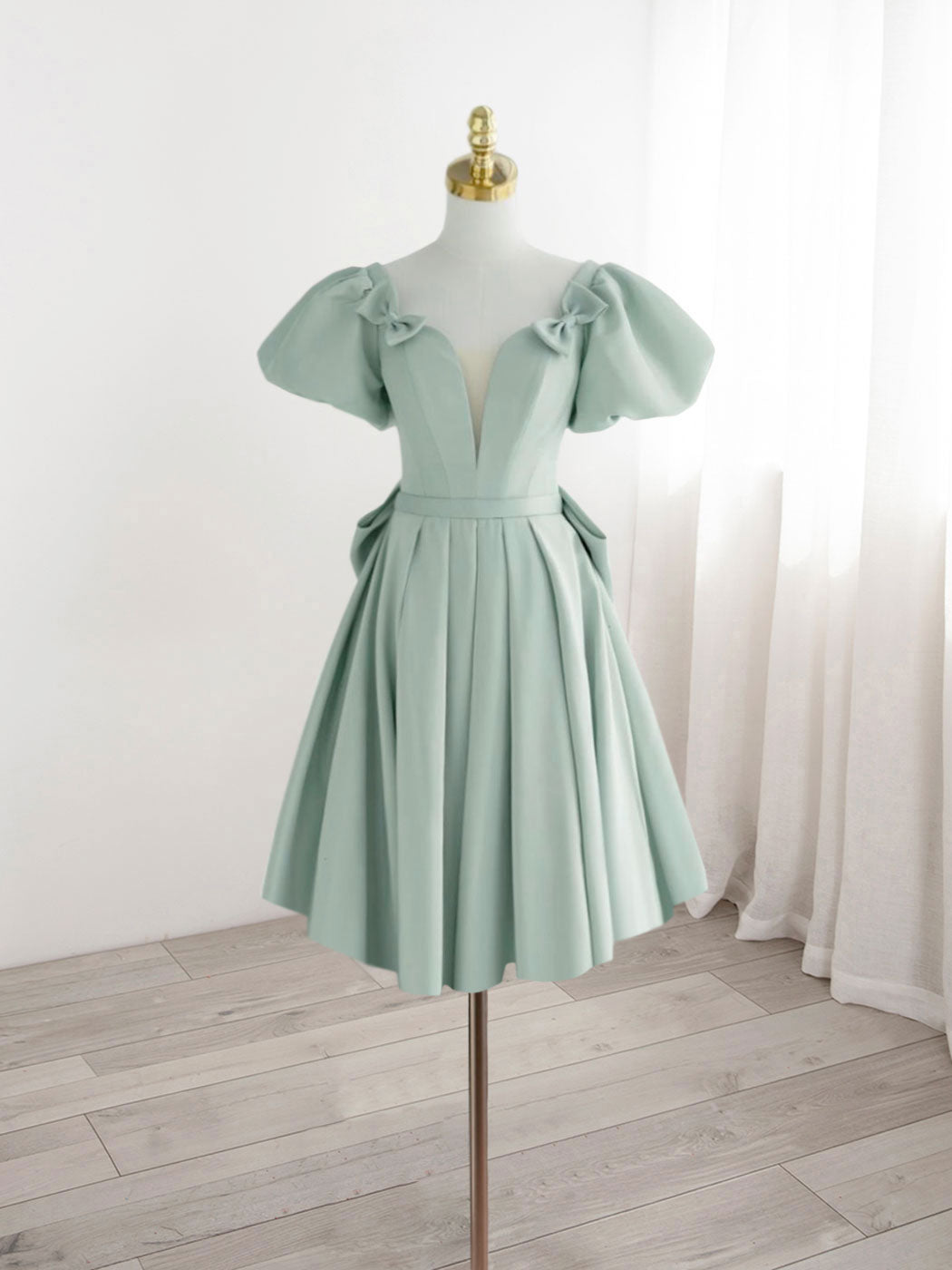 A-Line Green Puffy Sleeve Short Prom Dress, Green Formal Dress US 6 / Custom Color A-Line Green Puffy Sleeve Short Prom Dress, Green Formal Dress US 6 / Custom Color