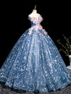 A-Line Off Shoulder Tulle Lace Gray Blue Long Prom Dress, Gray Blue Long Formal Dress