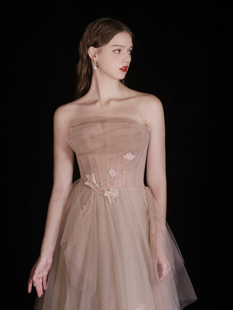 Champagne A-Line Tulle Long Prom Dress, Champagne Long Formal Dress