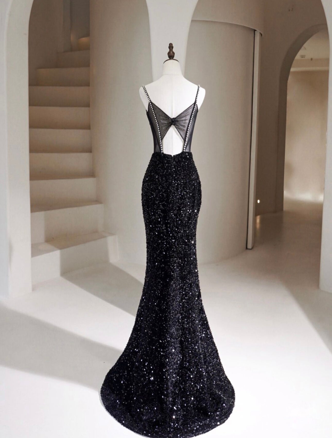 Simple Mermaid Velvet Sequin Black Long Prom Dress, Black Long Evening Dress Custom Size / Black