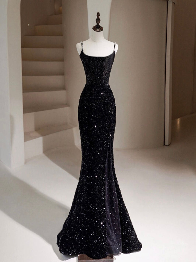 Simple Mermaid Velvet Sequin Black Long Prom Dress, Black Long Evening Dress