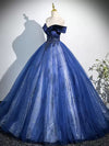 A-Line Off Shoulder Tulle Lace Blue Long Prom Dress, Blue Long Formal Dress