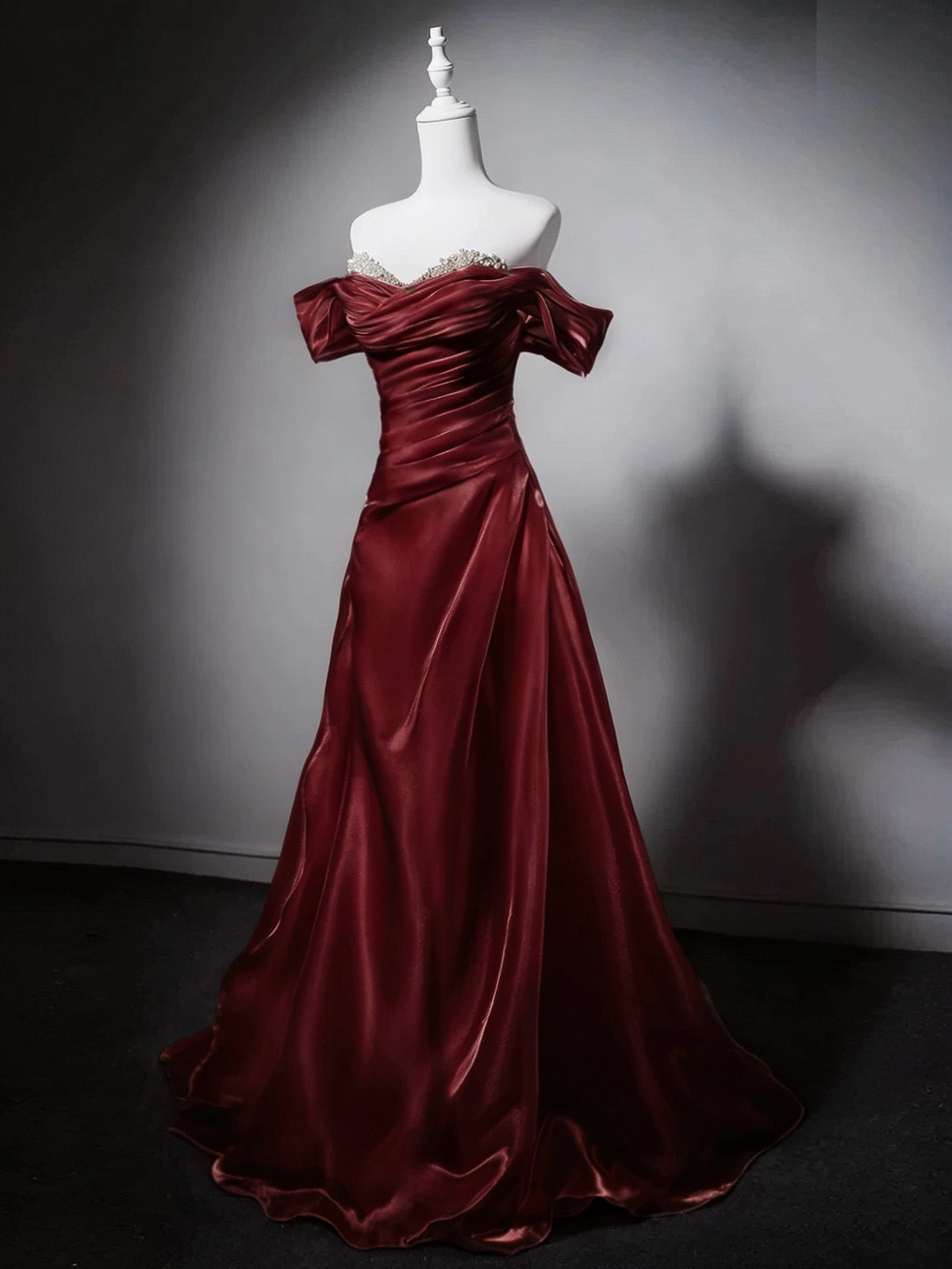 A-line Sweetheart Neck Off Shoulder Burgundy Long Prom Dress with Beads