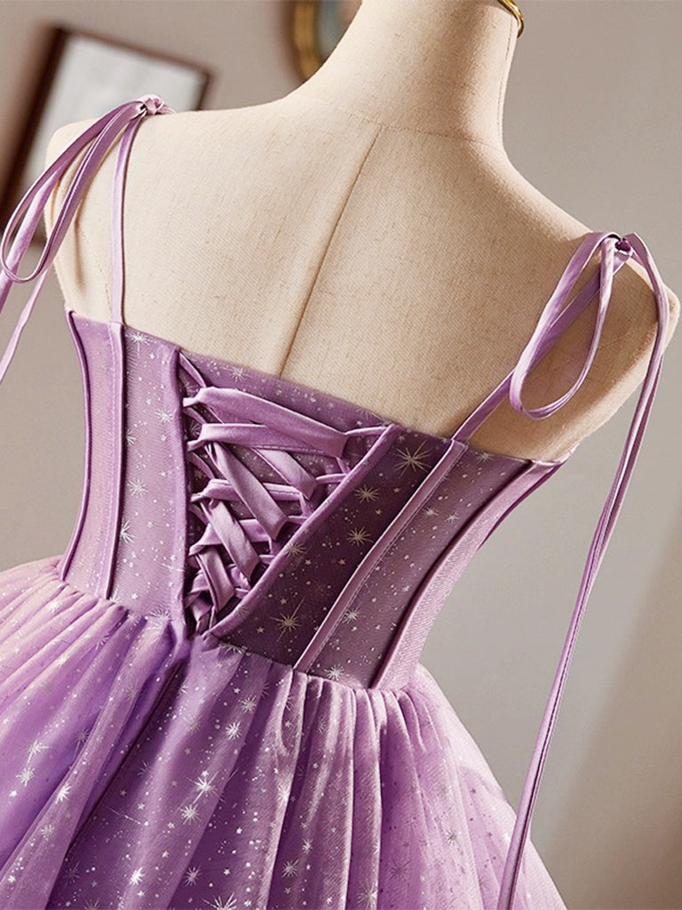 short purple prom dresses Purple Tulle A-Line Knee Length Party Dress, Lovely Spaghetti Strap Evening Prom Dress US 16 / Purple
