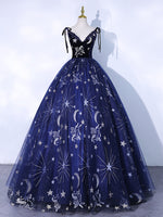 Dark Blue A-Line Tulle Lace Long Prom Dress, Dark Blue Long Formal Dress
