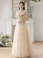 A-Line Sweetheart Neck Tulle Lace Champagne Long Prom Dress, Lace Formal Dress