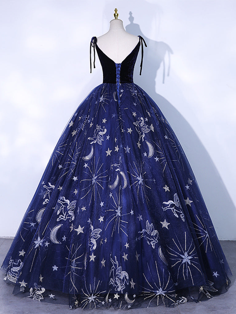 Dark Blue A-Line Tulle Lace Long Prom Dress, Dark Blue Long Formal Dre