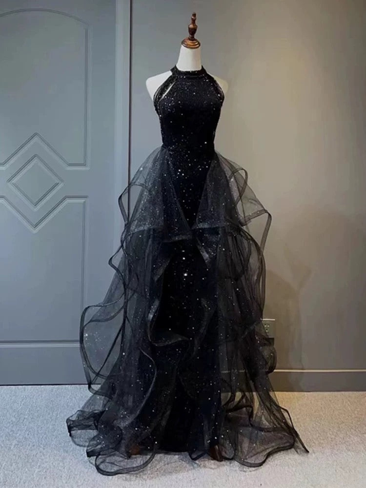 A-Line Tulle Sequin Black Long Prom Dress, Black Long Formal Dress