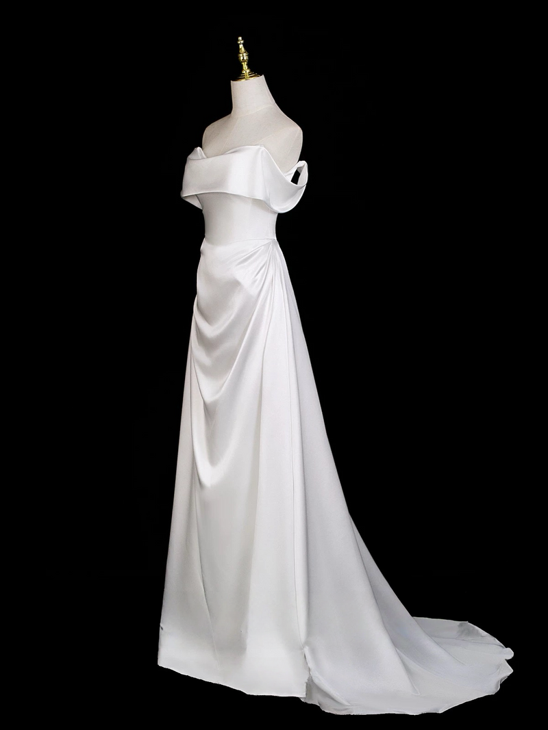 A-Line Off Shoulder Satin White Long Prom Dress, White Long Formal Dress