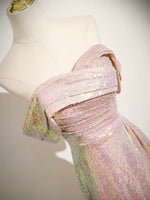 Simple Off Shoulder Sequin Mermaid Pink Prom Dress, Pink Long Formal Dress