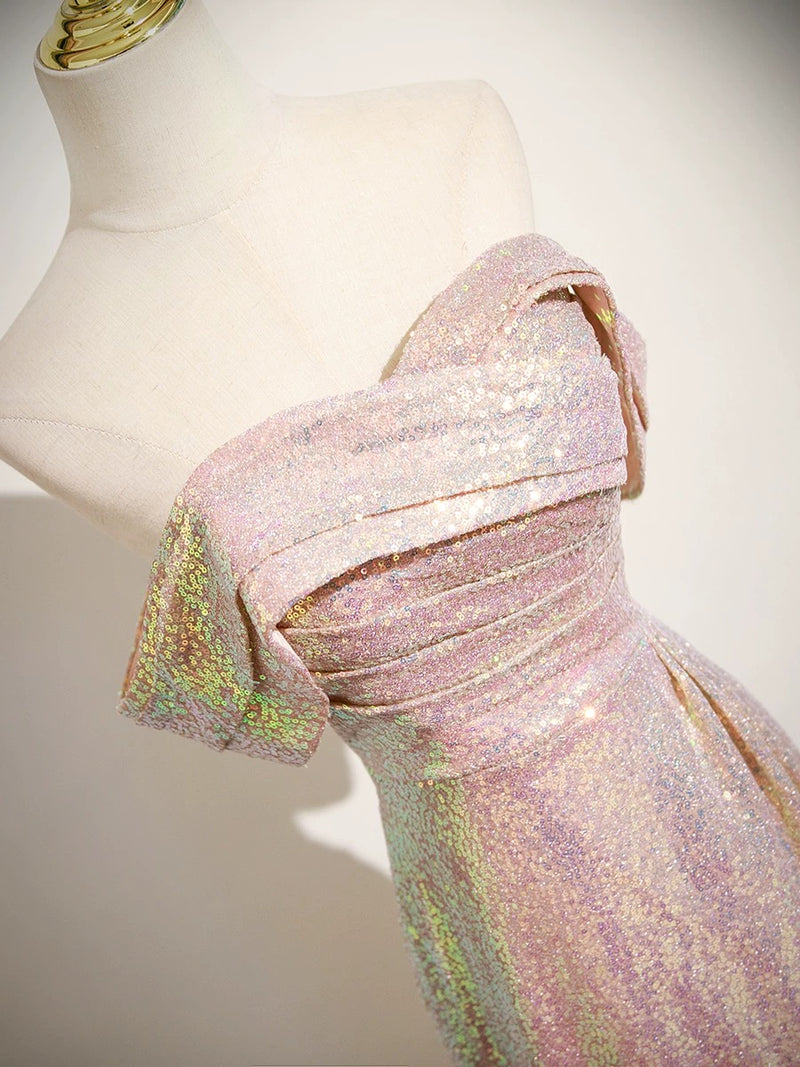 Simple Off Shoulder Sequin Mermaid Pink Prom Dress, Pink Long Formal Dress