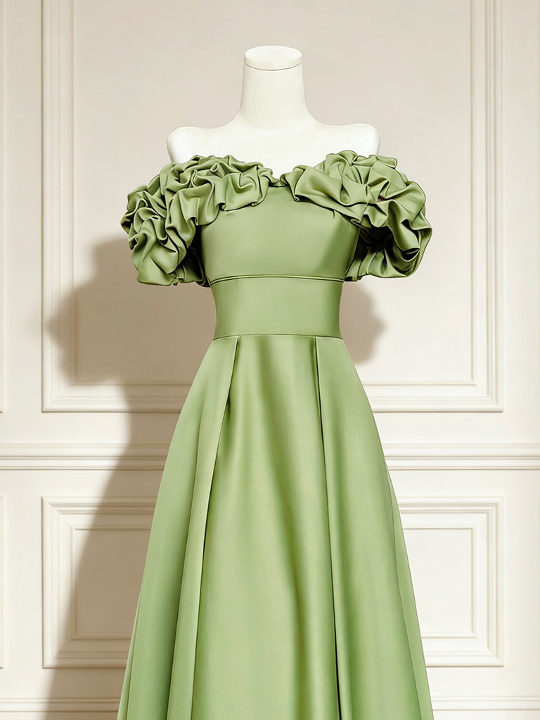 A-Line Floor Length Off Shoulder Satin Green Long Prom Dress