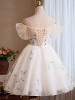 A-Line Tulle Off Shoulder Lace Light Champagne Short Prom Dress, Cute Homecoming Dress