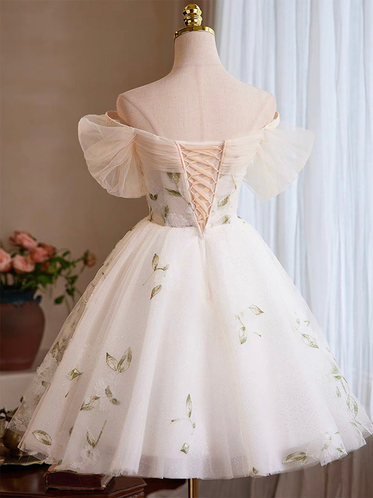 A-Line Tulle Off Shoulder Lace Light Champagne Short Prom Dress, Cute Homecoming Dress
