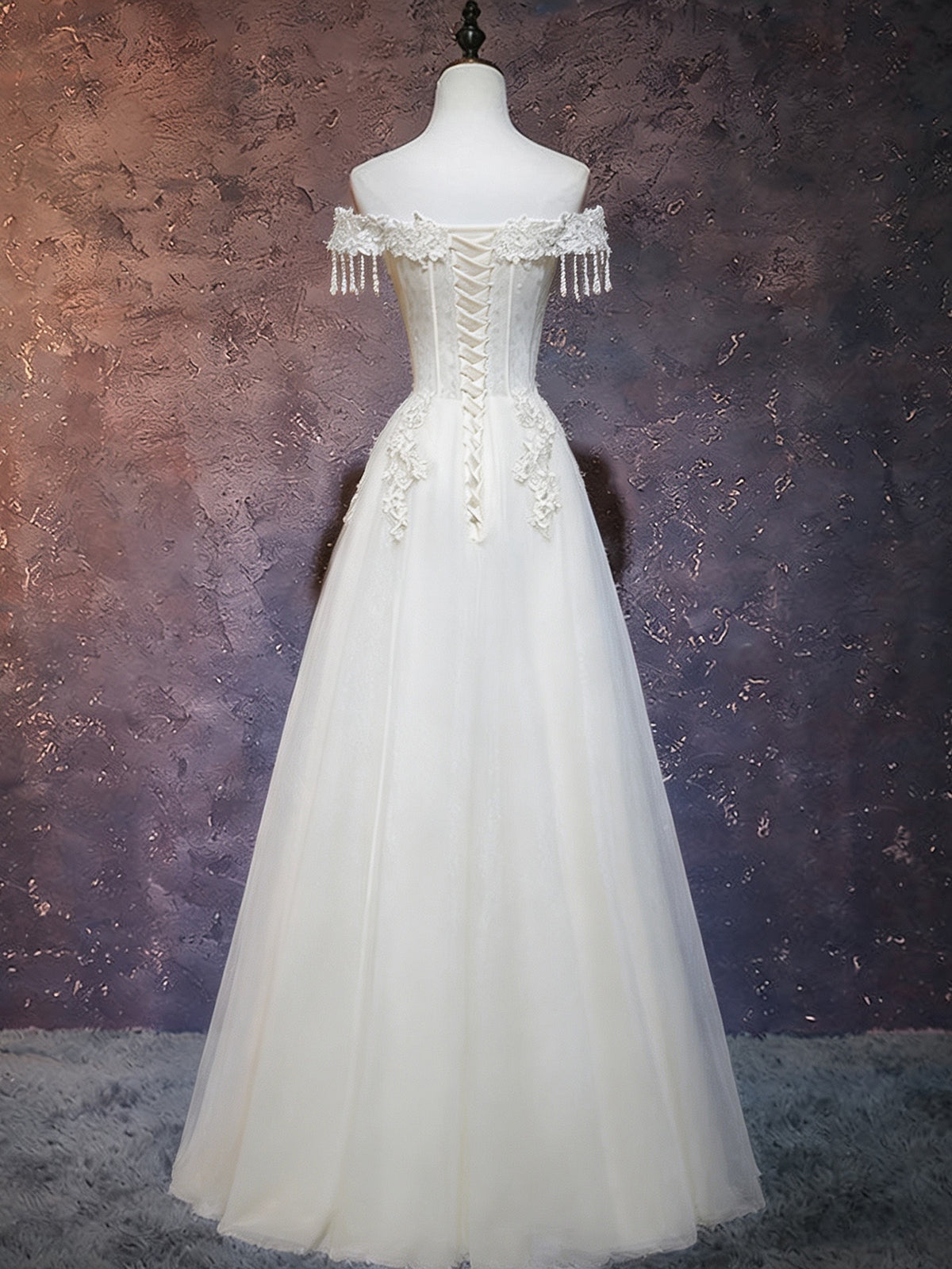 A-line Sweetheart Off Shoulder Tulle Lace Beige Long Prom Dress with Beads