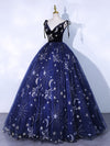 Dark Blue A-Line Tulle Lace Long Prom Dress, Dark Blue Long Formal Dress